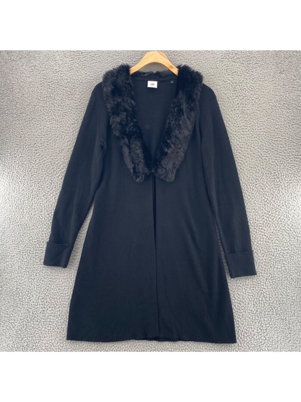 CAbi Sweater Womens Small Dynasty Black Knit Longline Cardigan Faux Fur Collar